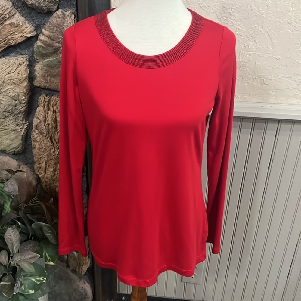 Lands' End Red Fitted Long Sleeve Blouse